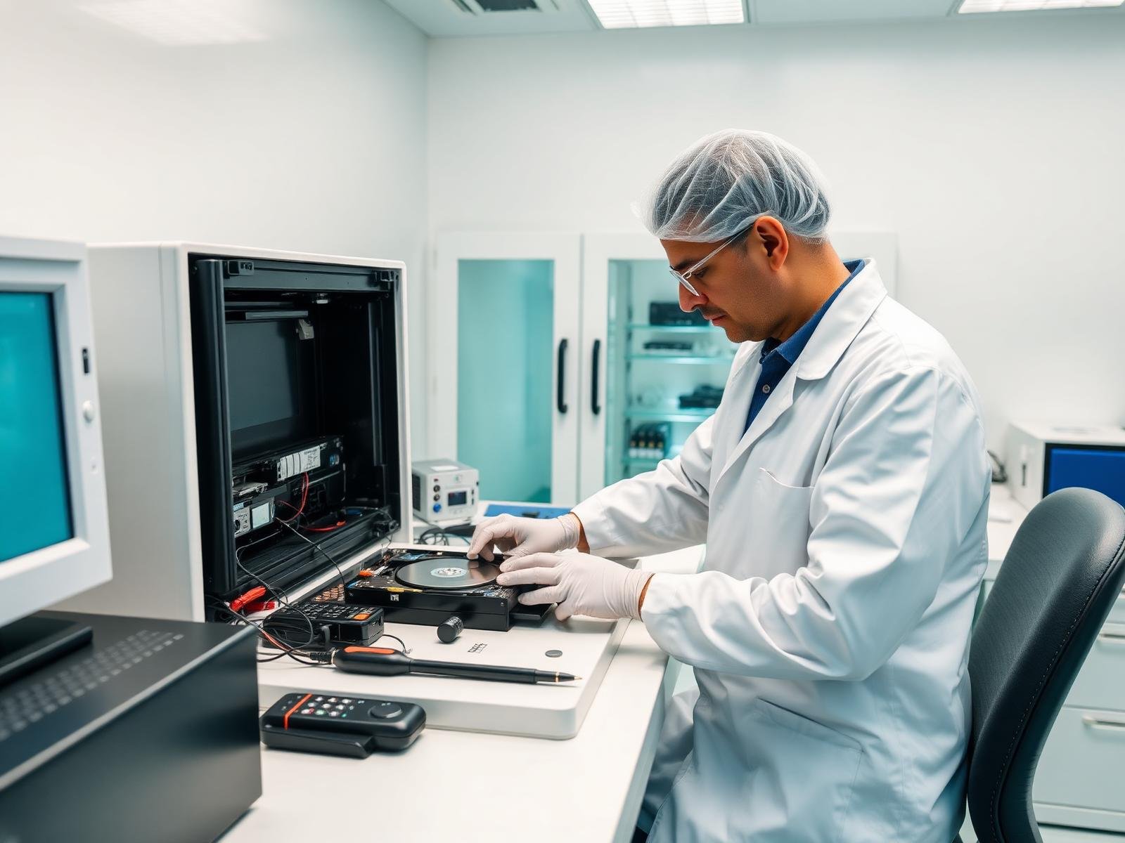 Professional engineer performing careful hard drive recovery