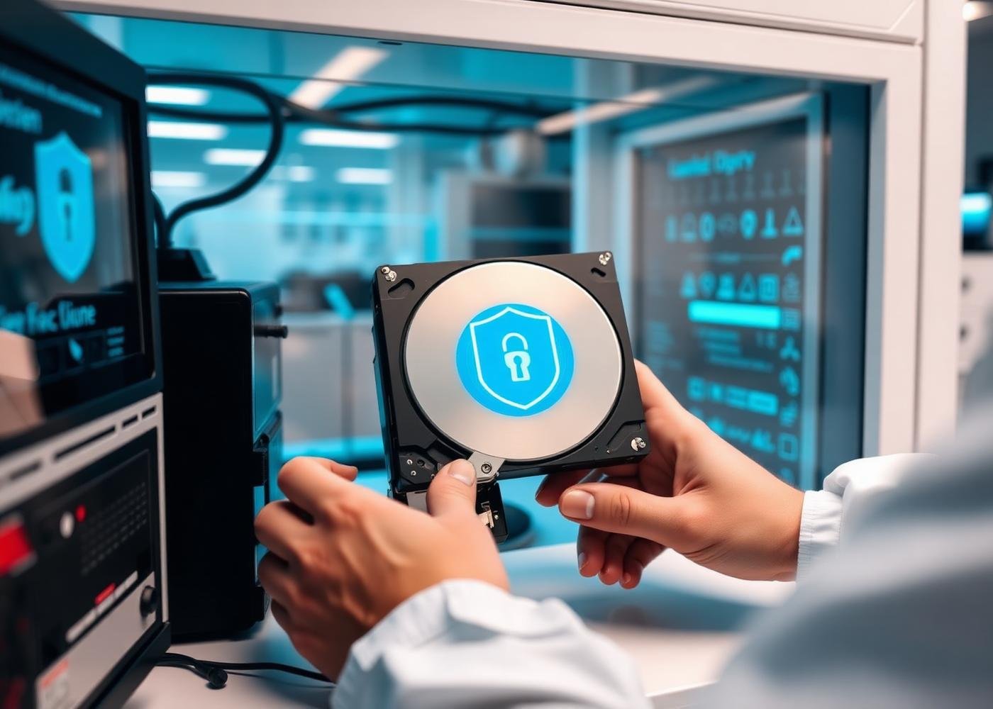Encrypted hard drive under examination in a secure recovery lab