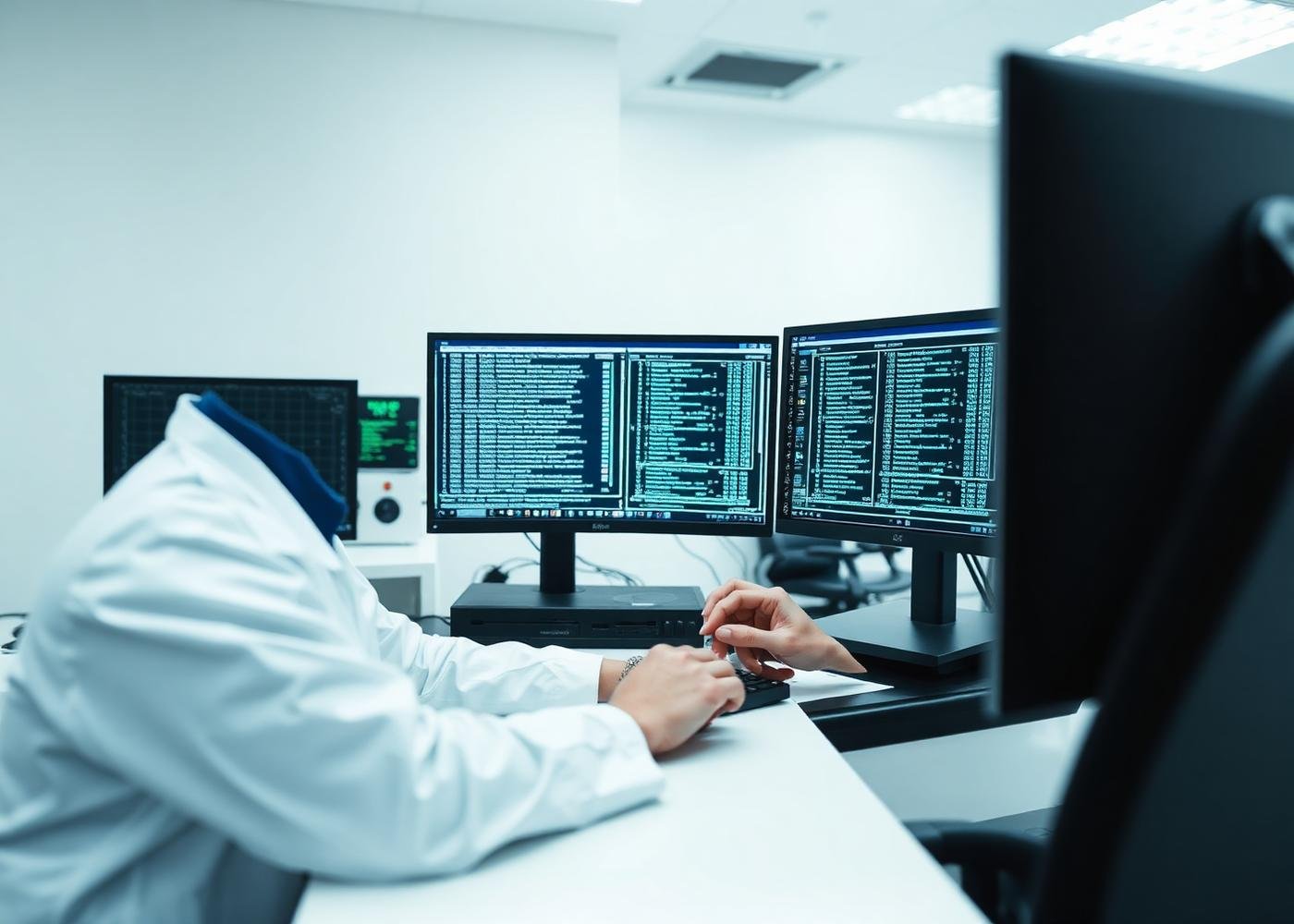 Engineer assessing storage devices in a professional recovery laboratory