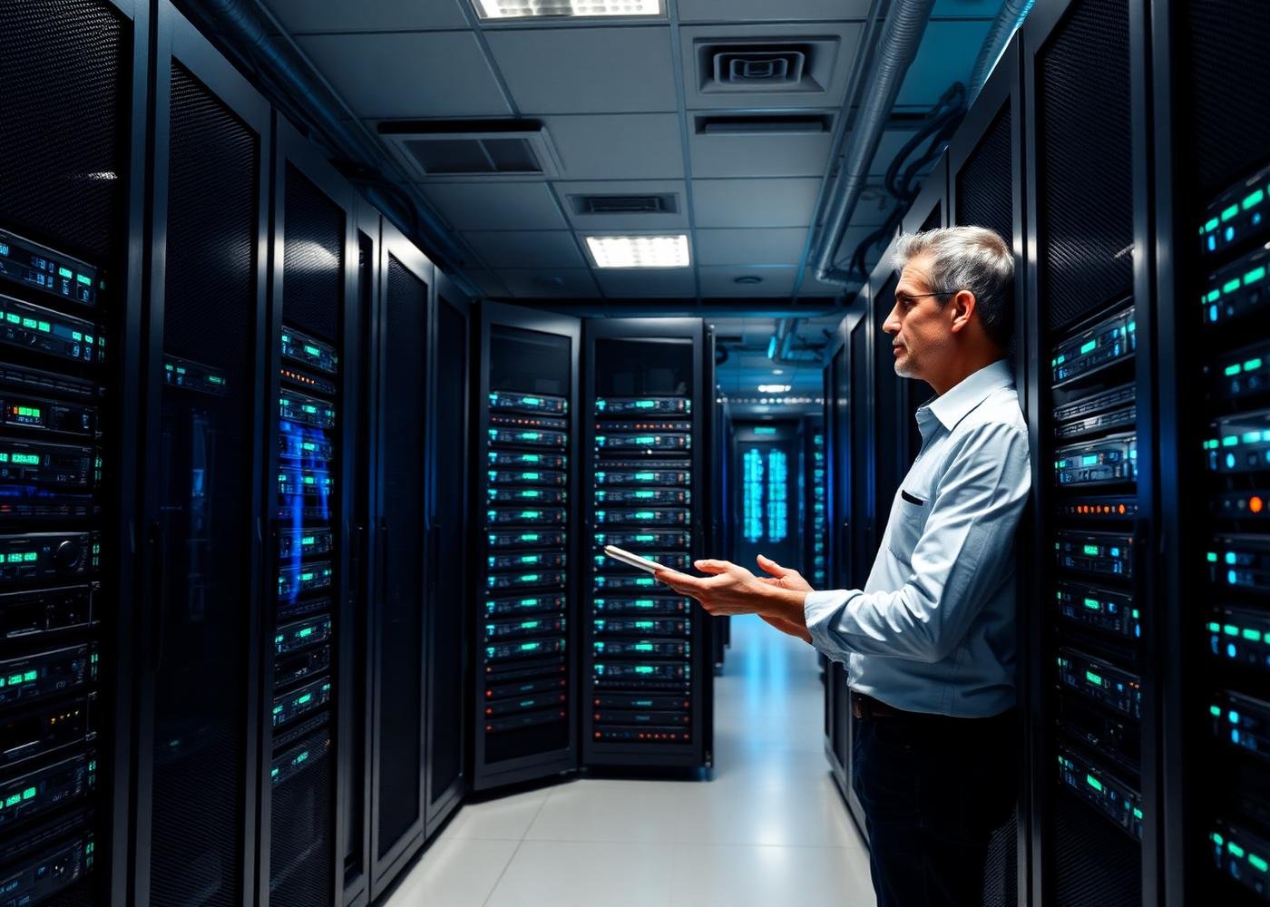 Engineer inspecting enterprise RAID storage in a data center